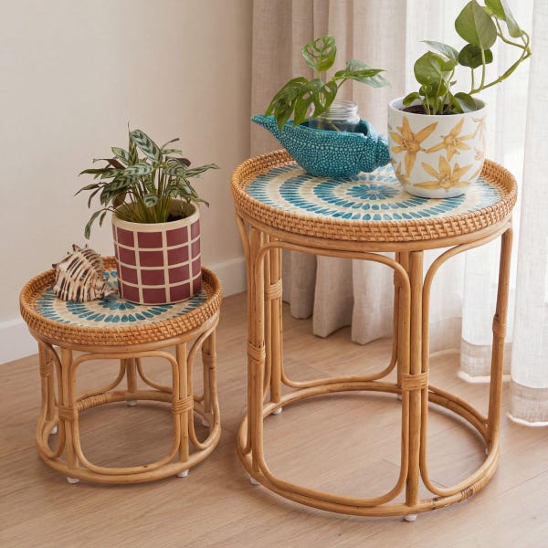Mother of Pearl Coastal Side Table Set, Handmade Rattan Tables