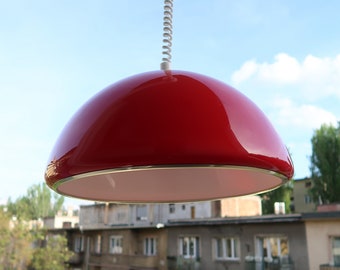 1960s era Candy Apple Red Acrylic, Cabras style, Guzzini Pendant lamp, manufactured by Meblo