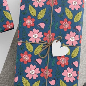 Dark Blue Floral Wrapping Paper | Bold Bloom Gift Wrap | Modern Flower Present Paper | Elegant Birthday Mother&#39;s Day Wrap