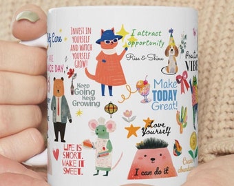 Colorful Collage Affirmation Mug, Positive Daily Reminder, Cute Animals, Self-Care Mug, Coffee Tea Cup, Home Office Decor, Gift