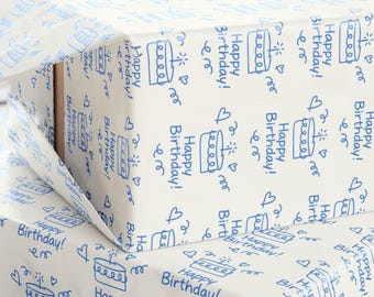 Blue Birthday Gift Wrap: Cake & Heart Doodles, Modern Minimalist