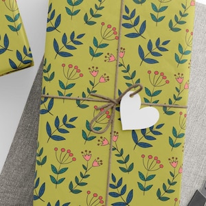 Papel de embrulho floral verde-limão | Papel de embrulho com folhas botânicas | Papel de presente de arte popular | Papel de embrulho para festa de inauguração de casa com tema de natureza