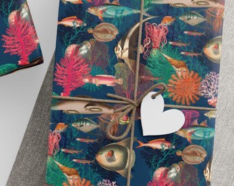 Papel de regalo con temática de peces submarinos, vida marina, corales marinos y temas náuticos de playa para cumpleaños.