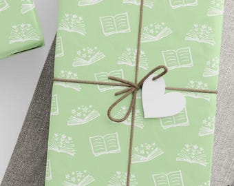 Sage Green Open Book Wrapping Paper - Botanical Bookworm Gift Wrap, Nature Inspired Reader Sheets, Teacher Appreciation Paper