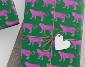 Leopard Print Green Wrapping Paper - Wild Cat Pink Cheetah Print Gift Wrap for Girls, Teens & Trendy Gifts
