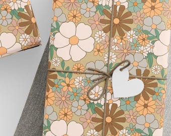 Retro Floral Wrapping Paper | Groovy 70s Flower Gift Wrap | Boho Garden Present Paper | Vintage Aesthetic Birthday Wrap