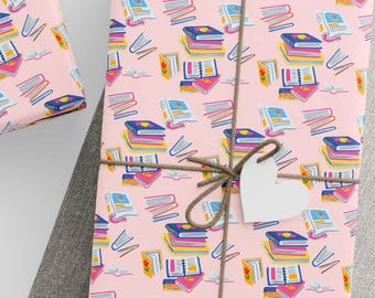 Cute Books Wrapping Paper, Book Lover Gift Wrap for Readers, Teachers & Students - Literary Birthday, Graduation, Back to School Gifts