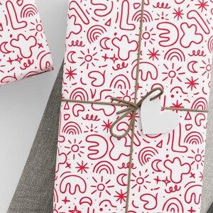 Papier cadeau doodle abstrait rouge | Papier cadeau moderne et amusant | Papier cadeau à motif ludique | Fournitures artistiques d'anniversaire uniques