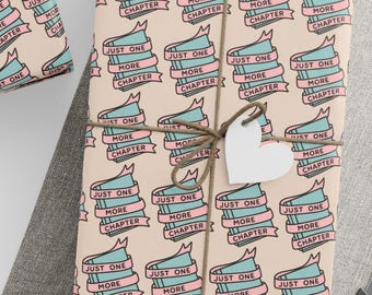 Just One More Chapter Wrapping Paper - Book Lover Gift Wrap, Cozy Reading Present Sheets, Pink & Blue Bookish Paper