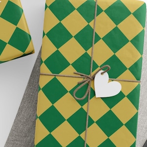 Groen goud gele diamant geruit inpakpapier, gedurfde preppy gingang-cadeauverpakking, modern geruit cadeaupapier, levendige verjaardagsfeestje wrap
