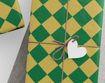 Green Gold Yellow Diamond Checkered Wrapping Paper, Bold Gingham Preppy Gift Wrap, Modern Plaid Present Paper, Vibrant Birthday Shower Wrap