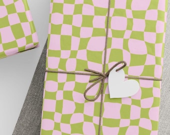 Wavy Checkered Wrapping Paper, Retro Groovy Pink Green Gift Wrap, Distorted Checkerboard Present Paper, Funky Retro Birthday Wrap