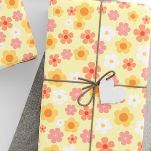 Papier cadeau floral joyeux | Papier cadeau fleur jaune ensoleillé | Papier cadeau de printemps ludique | Articles de fête d'anniversaire amusants