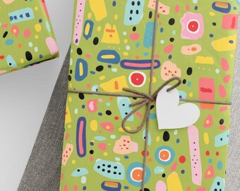 Grüne abstrakte Formen Geschenkpapier, bunte moderne Geschenkverpackung, verspieltes Gekritzel-geometrisches Geschenkpapier, Spaß-Geburtstagsfeierzubehör