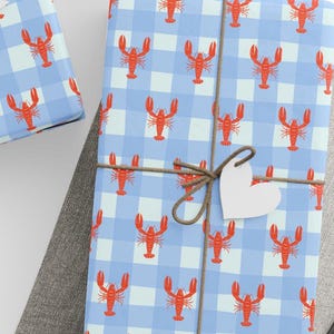Papel de regalo con estampado de langosta, papel de regalo de mariscos a cuadros azul claro, papel de regalo costero con temática de casa de playa, suministros para fiestas de cumpleaños de verano