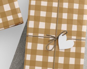 Brown Gingham Farmhouse Plaid Gift Wrap, Cottagecore Neutral Kraft, Aesthetic Supplies, Rustic Present Wrapping Paper