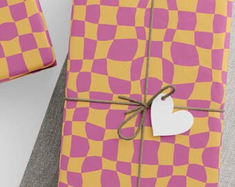Wavy Checkered Wrapping Paper, Retro Groovy Pink Orange Gift Wrap, Distorted Checkerboard Present Paper, Funky Retro Birthday Wrap