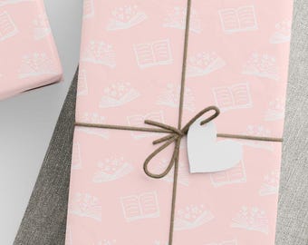 Papel de embrulho rosa para amantes de livros | Papel de embrulho fofo para amantes de livros | Papel para presente de aniversário com tema literário | Ideia de presente para leitores