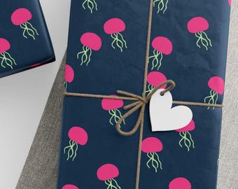 Wrapping Papers, Gift Wrap, Ocean Sea Life Under The Sea Birthday, Vibrant Pink Jellyfish Design, Kids Adults, Holiday Packaging