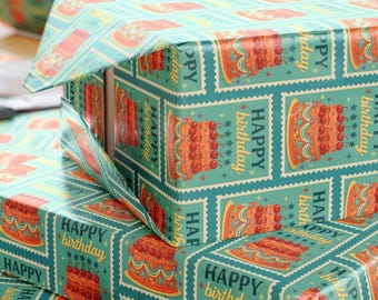 Wrapping Papers, Retro Birthday Cake Gift Wrap - Vintage Postage Stamp Design, Teal & Orange - Nostalgic Party Supplies, Him, Her, Kids,