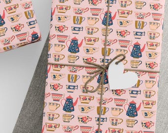 Wrapping Papers, Teatime Gift Wrap, Cottagecore Teacup & Teapot Vintage Floral Pink Decor, Kitchen Tea Party