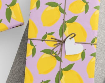 Soft Lavender Pink Lemon Wrapping Paper - Zesty Citrus Gift Wrap, Bright Fruit Pattern Sheets, Summer Picnic Paper