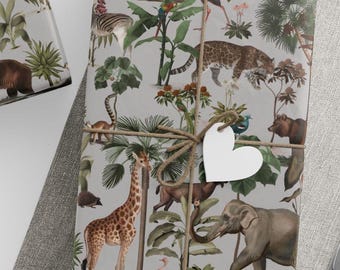 Wrapping Paper Roll - Exotic Safari Animals Gift Wrap, Jungle Wildlife Design, Tropical Vibes, Lions, Elephants, Giraffes, Zebras, Holiday