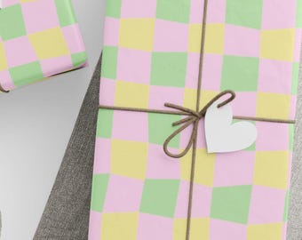 Pastel Checkered Wrapping Paper | Pink Yellow Green Gingham Gift Wrap | Cute Baby Shower Birthday Present Paper