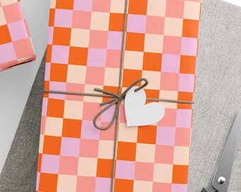 Orange Pink Checkered Wrapping Paper | Bold Gingham Gift Wrap | Modern Plaid Present Paper | Vibrant Birthday Shower Wrap
