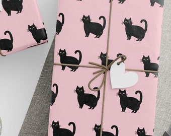 Gift Wrapping Paper, Cat Lover Wrapping, Birthday Present, Valentines Day Gift Wrap, Black Cat Pink Background, Cat Gift Wrap Roll
