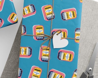 Papéis de embrulho, latas de sardinhas, padrão de comida engraçada, papel de embrulho, design peculiar, presente gastronômico, decoração de presente bem-humorada