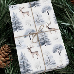 Wrapping Paper Roll - Reindeer Animal Holiday Gift Wrap, Blue Tone Winter Theme Christmas Birthday Craft Paper, Decorative, Animal Lover