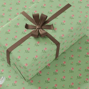 Pink Rose Floral Gift Wrap Paper, Romantic Flower Pattern on Sage Green Sheets, Elegant Wedding, Birthday Present Wrap
