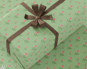 Pink Rose Floral Gift Wrap Paper, Romantic Flower Pattern on Sage Green Sheets, Elegant Wedding, Birthday Present Wrap