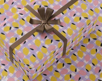 Lemon and Pastel Color Gingham Check Pattern Wrapping Paper - Cheerful Pink Grapefruit Citrus Fruit Gift Wrap sheets, Summer Brunch Paper