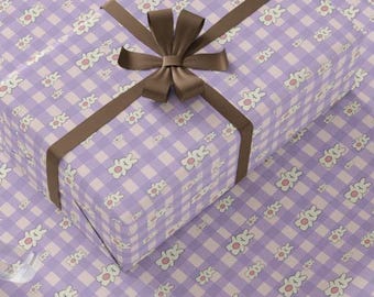 Kawaii Bunny Gift Wrap - Lavender Purple Gingham Checkered Pattern