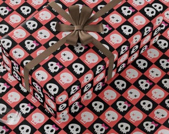 Black and Pink Skull Checkerboard Wrapping Paper - Spooky Chic Gift Wrap, Edgy Goth Pattern Sheets, Halloween Party Paper Craft Decoration