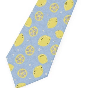 Men&#39;s Lemon Wedding Tie, Blue & Yellow Citrus Groomsman Tie, Elegant Accessory for Weddings, Parties, Business Casual, Gift for Men