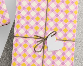 Pink & Yellow Checkered Diamond Wrapping Paper | Gingham Plaid Gift Wrap | Cute Pastel Present Paper | Baby Shower Birthday Supplies
