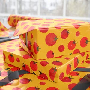 Tomato Wrapping Paper - Food Kitchen Gift Wrap, Playful Tomato Pattern, Bright Yellow Background, Whimsical Gift Wrap, Food Lover Gift, image 2