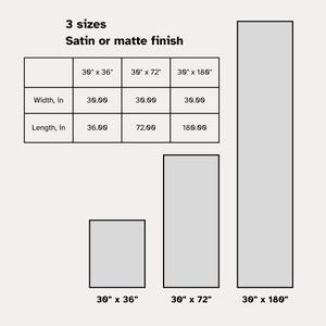 May include: A table showing three sizes of satin or matte finish fabric. The sizes are 30 inches by 36 inches, 30 inches by 72 inches, and 30 inches by 180 inches. The table shows the width and length of each size in inches.