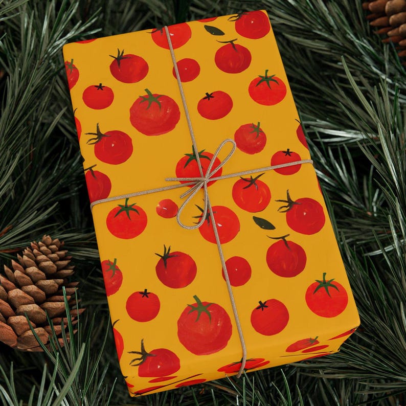 Tomato Wrapping Paper - Food Kitchen Gift Wrap, Playful Tomato Pattern, Bright Yellow Background, Whimsical Gift Wrap, Food Lover Gift, image 3