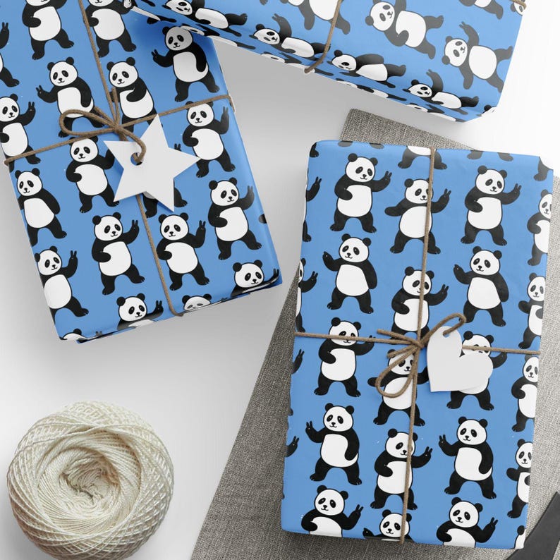 Panda Wrapping Adorable Panda Wrapping Paper - Cute Blue Animal Gift Wrap, Happy Panda ...
