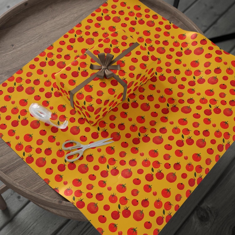 Tomato Wrapping Paper - Food Kitchen Gift Wrap, Playful Tomato Pattern, Bright Yellow Background, Whimsical Gift Wrap, Food Lover Gift, image 4