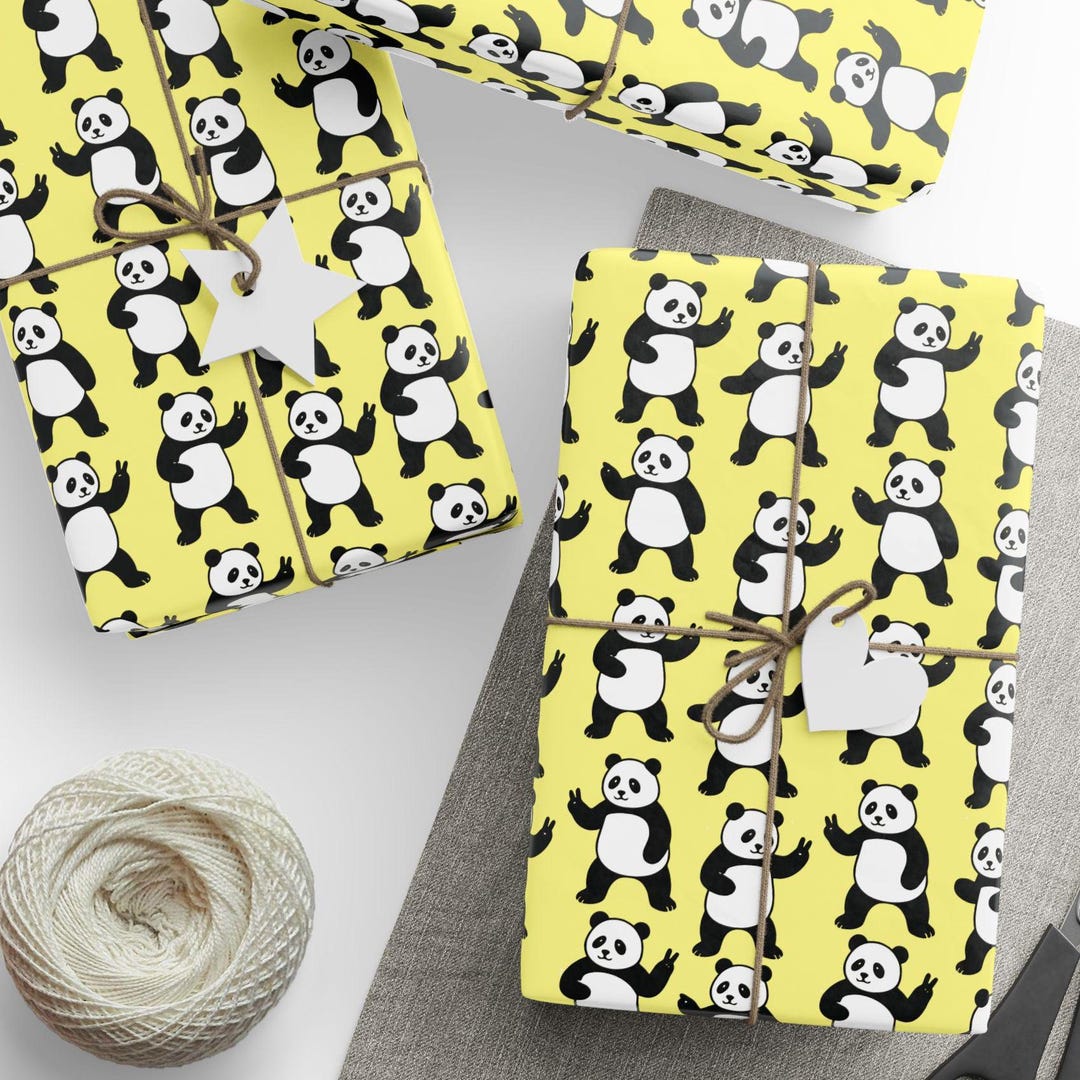 Panda Wrapping Kawaii Panda Wrapping Paper - Cute Pastel Yellow Animal Gift Wrap ...