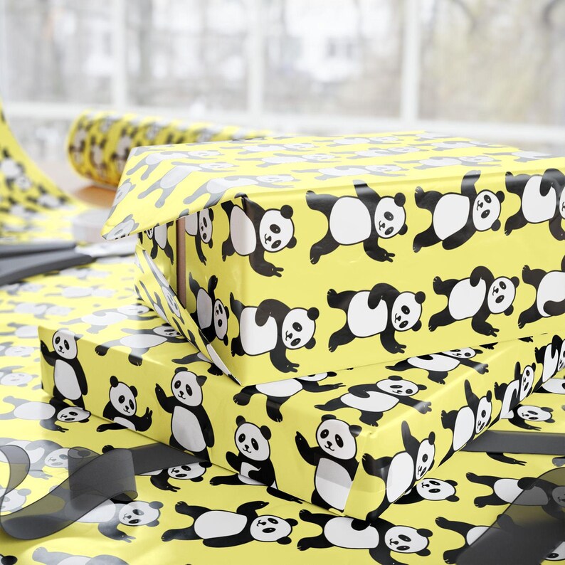 Panda Wrapping Kawaii Panda Wrapping Paper - Cute Pastel Yellow Animal Gift Wrap ...