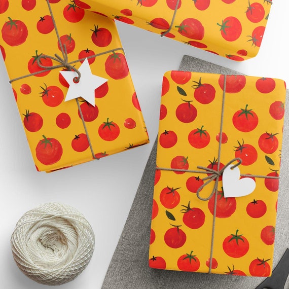 Tomato Wrapping Paper - Food Kitchen Gift Wrap, Playful Tomato Pattern, Bright Yellow Background, Whimsical Gift Wrap, Food Lover Gift,