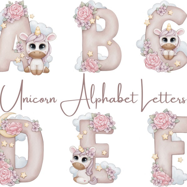 Cute Unicorn A-Z Alphabet, Unicorn Printable Lettering, Unicorn Clip Art