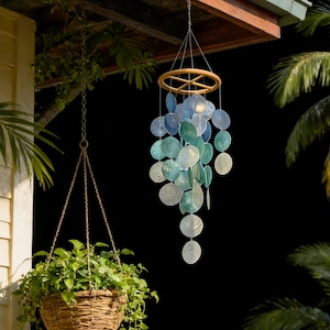 Handmade Blue & White Seashell Wind Chime,  Natural Ocean Beach Decor, Ocean Breeze Seashell Wind Chime, Beach House Decor, Gifts for Her