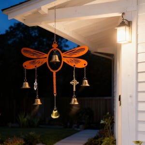 Peut inclure: Un carillon en forme de libellule en métal orange suspendu à un porche. La libellule a des ailes découpées et plusieurs petites cloches et breloques décoratives suspendues. La scène est éclairée par une lampe de porche et la lumière naturelle du crépuscule.